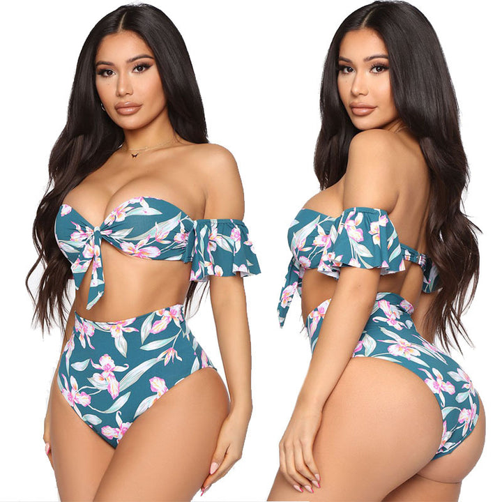Over-shoulder Women's Bikini- 2pc, High Waist, Lotus Print- various colors