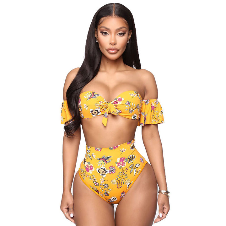 Over-shoulder Women's Bikini- 2pc, High Waist, Lotus Print- various colors