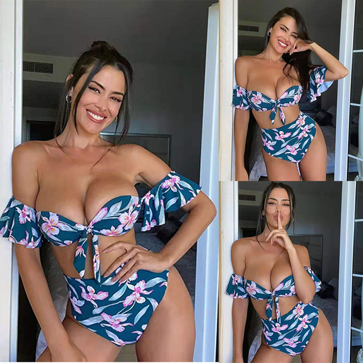 Over-shoulder Women's Bikini- 2pc, High Waist, Lotus Print- various colors
