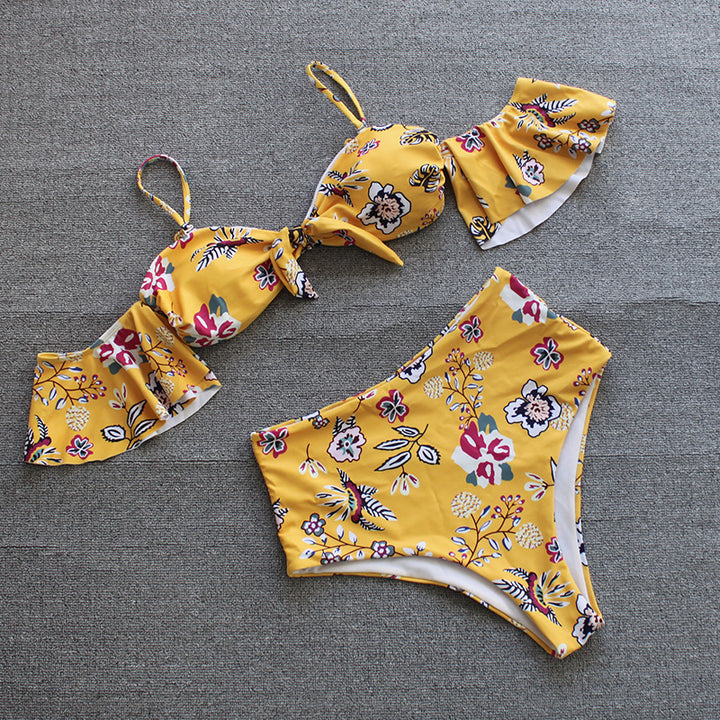 Over-shoulder Women's Bikini- 2pc, High Waist, Lotus Print- various colors