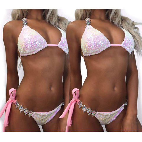 Rhinestone Sequin Bikini- Pink