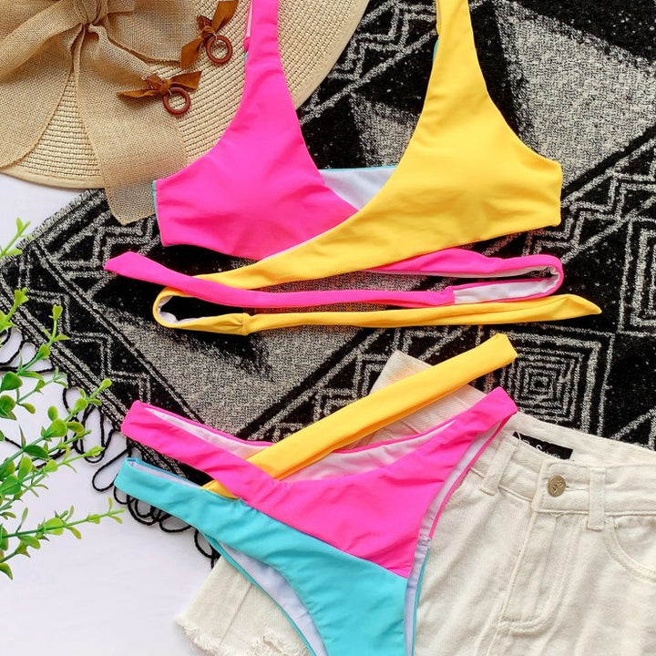 Colorful Split Cross Strap Bikini